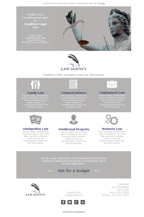 Plantilla de Newsletter Responsive Gratis "Legal Law Office" para Email