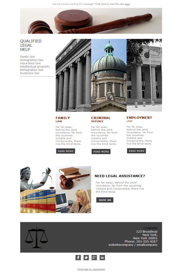 Plantilla de Newsletter Responsive Gratis "Legal Lawyer Help" para