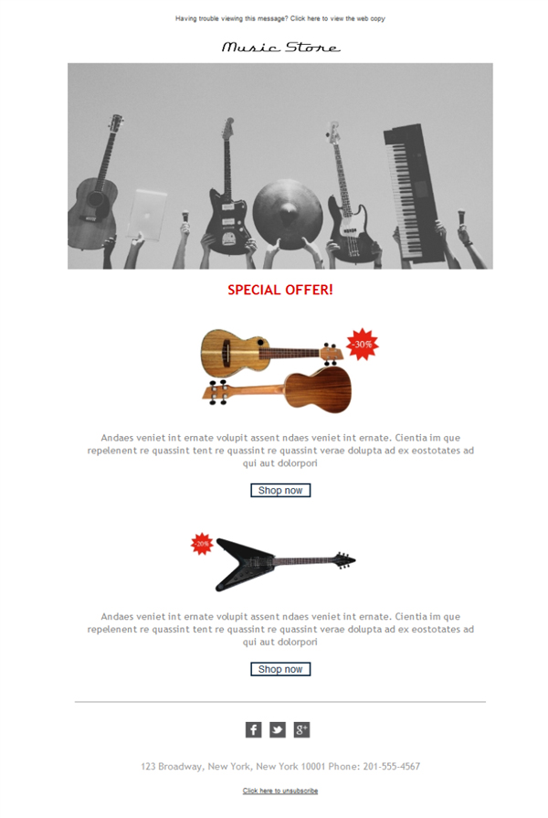 Music Instrument Store Email Template Free For Download